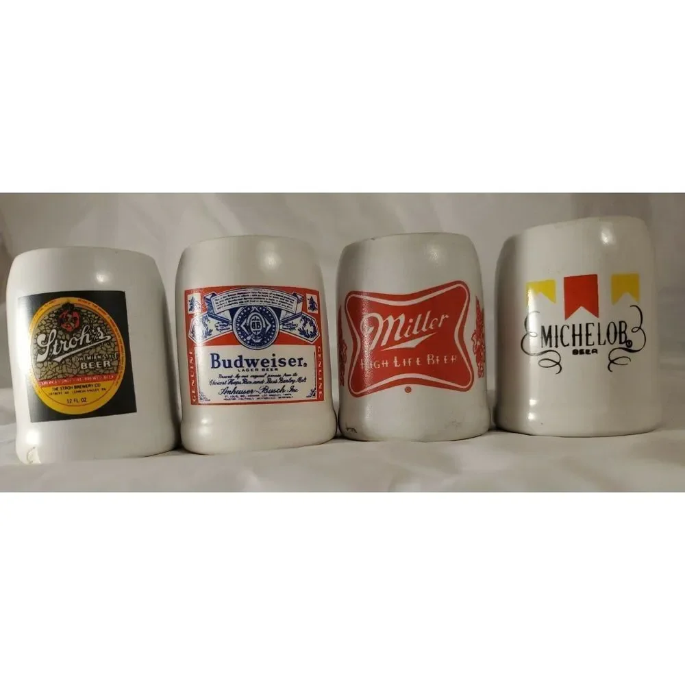 Beer Mugs Shot Glasses Lot of 4 Barware Budweiser Miller Strohs Michelob Mancave